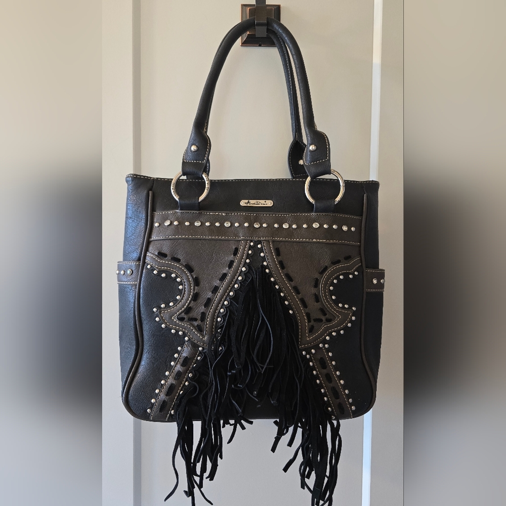 Montana West Black And Brown Studded Fringe Tote Bag W/Concealed Carry